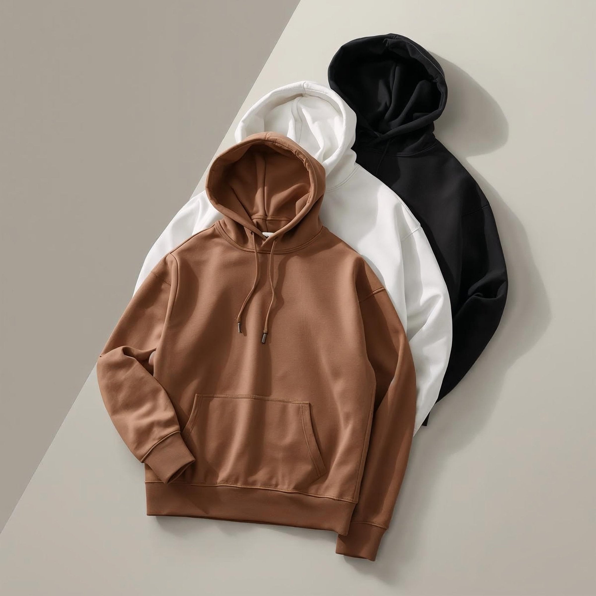 ATTRUE Supima Cotton Hoodie Bundle Men - Side View All Three Colours White Black Mocha